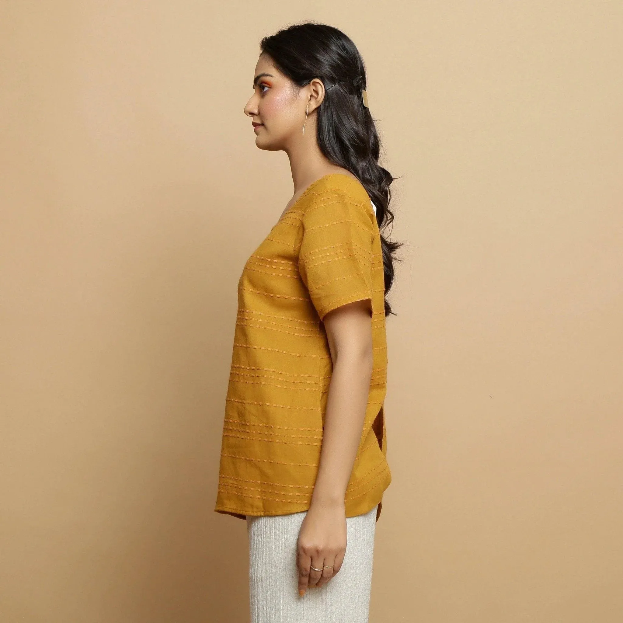 Mustard Handwoven Cotton U-Neck Backless Top
